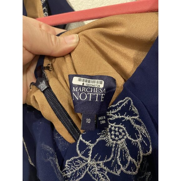 Marchesa Notte Dress Womens 10 Navy Floral Embroidered Mesh Ruffle Sheer Sleeves - Picture 3 of 5